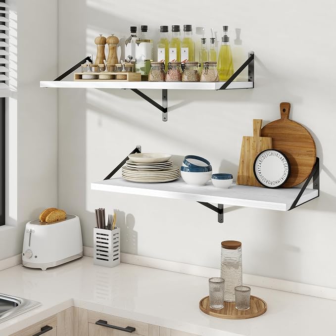 Floating Shelves 12 Inch Deep, 36W x 12D Wall Shelf Set of 2, 60 lbs Heavy Duty Reversible Metal Brackets, Deep Industrial Book Shelf for Living Room Kitchen Bath Bedroom Coffee Bar, White