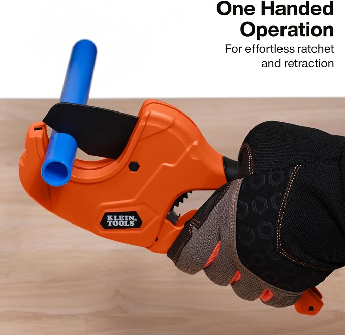 Klein Tools 50080 Ratcheting PVC Pipe Cutter, Cuts 2-Inch ID PVC, CPVC, PEX Pipes, One-Handed Operation, Replaceable Blades
