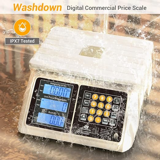 Waterproof Commercial Food Scale 66lb with Price Computing - Digital Rechargeable Scale for Meat, Seafood, Produce at Farmers Market, Butcher Shop, Food Truck, IPX7 Dual Large Display