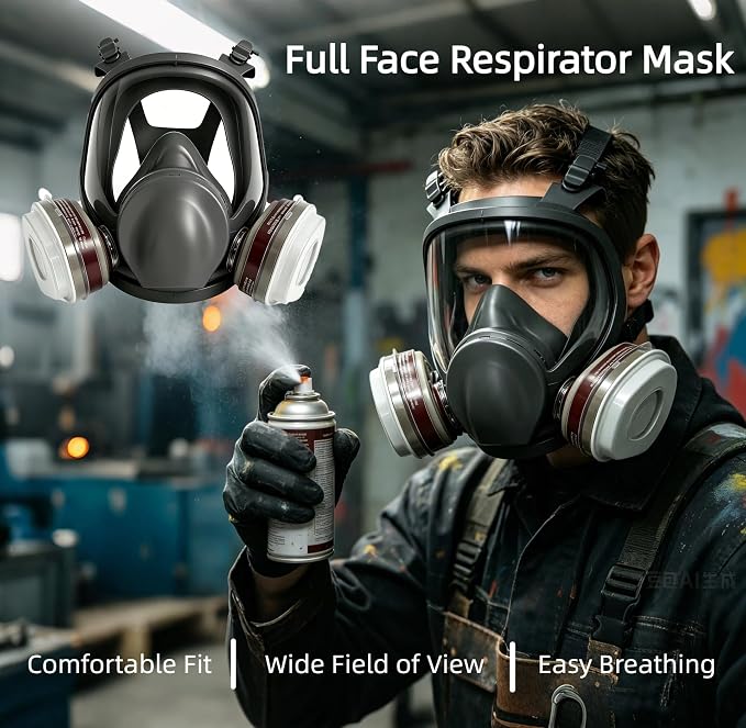 Full Face Respirator Mask With Filters,Gas Mask & Reusable Paint Mask For Spraying,Painting,Welding, Sanding, Woodworking,Construction,Polishing,DIY and Other Work