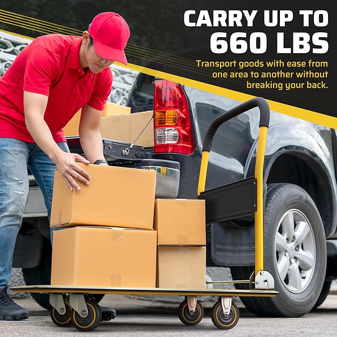 Heavy Duty Foldable Push Cart Dolly | 660 lbs. Capacity | Upgraded Collapsible Hand Truck Folding Platform with Swivel Wheels | Flat Bed Moving Wagon | Space Saving Push Handle (Yellow)