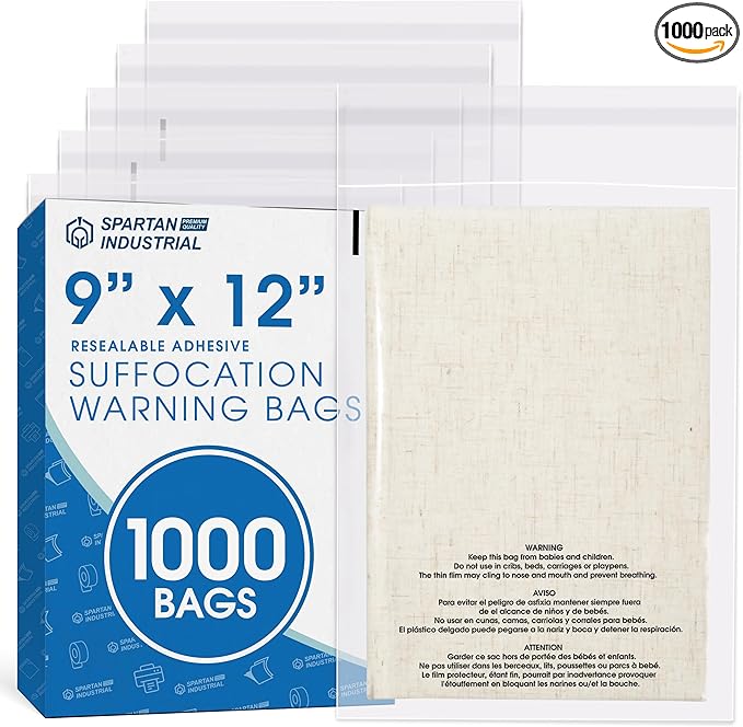Spartan Industrial - 9” X 12” (1000 Count) Self Seal Clear Poly Bags with Suffocation Warning for Packaging, T Shirts & Shipping - Resealable Glue