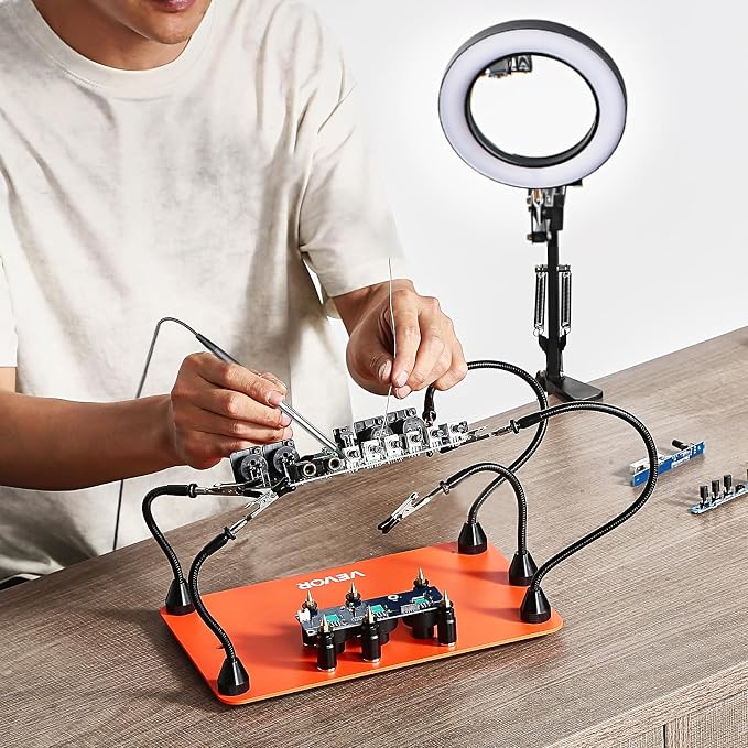 VEVOR Magnetic Helping Hands Soldering Station, 2-In-1 Third Hand Soldering Tool - 3X LED Magnifying Lamp & 5 Flexible Arms, 6 PCB Holders, Heavy-Duty Base Station for Electronic Repair Craft Hobby