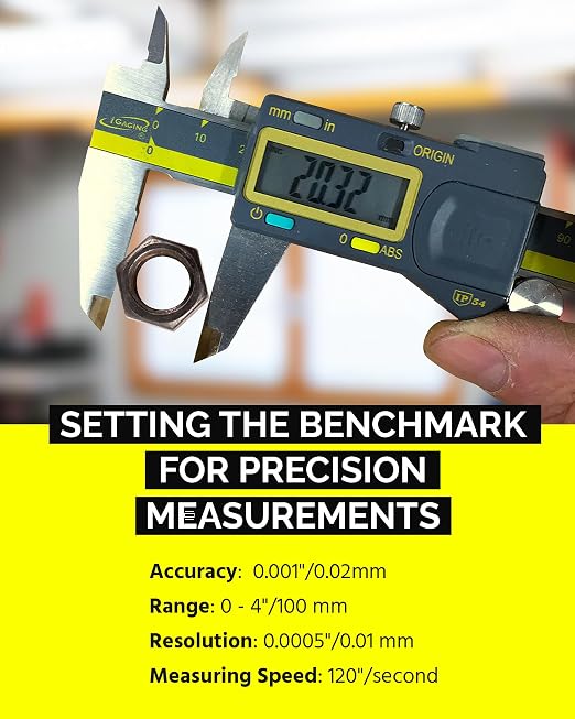 iGAGING Absolute Origin 0-4" Digital Caliper, IP54 Stainless Steel, SPC/USB Output Port, Inch & Metric Modes, Case, Manual
