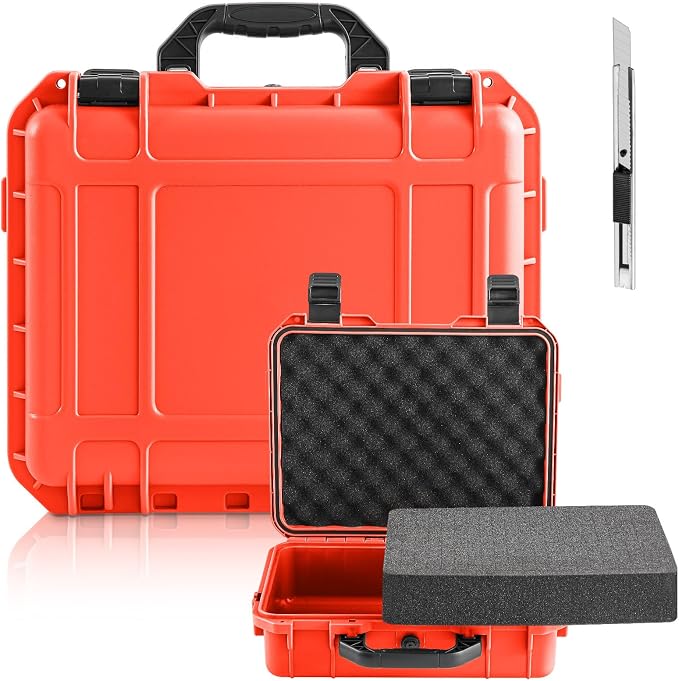 Relaxweex 1 Pcs Waterproof Hard Case with DIY Customizable Foam Insert Portable Protective Case with Knife for Camera Drones Equipments Tools Test Instruments(Reddish Orange,8.5 x 6.5 x 3.7 Inch)