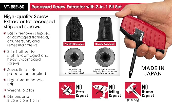 VAMPLIERS 2-Piece Stripped Screw Extractor Kit Made in Japan: 6.25" Screw Removal Pliers + Recessed Screw Extractor. Remove any Rusted/Damaged/Broken or Sunken Screws.