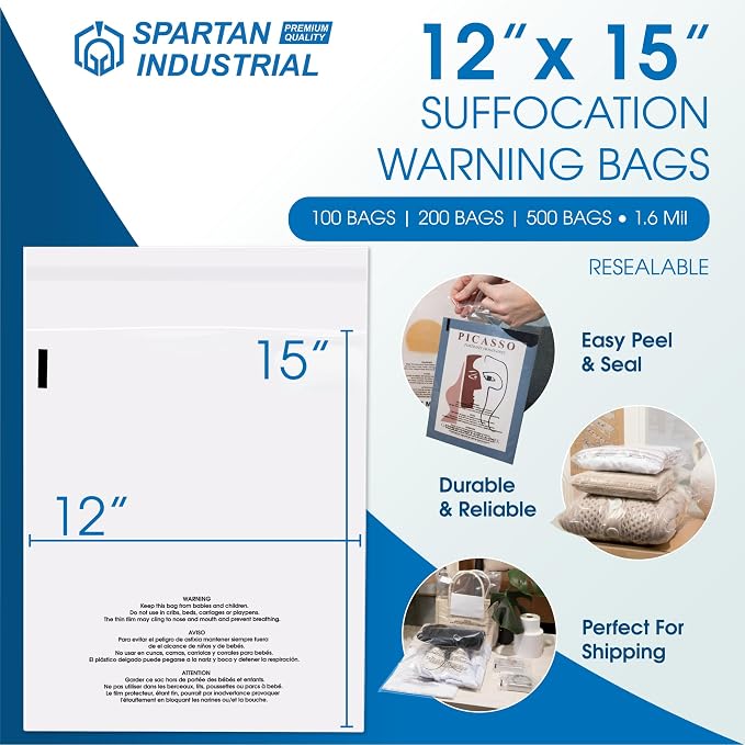 Spartan Industrial - 12” X 15” (500 Count) Self Seal Clear Poly Bags with Suffocation Warning for Packaging, T Shirts - Resealable Glue