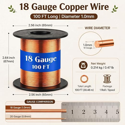 Therwen 100ft 18 Gauge Copper Wire for Gardening, Electroculture, Bonsai, Jewelry Making Beading DIY Craft Pure Bare Copper Wire Spool