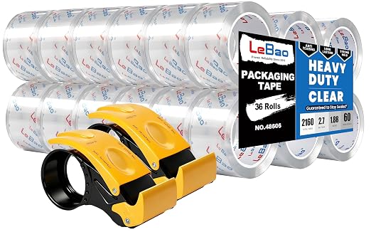 Heavy Duty Packing Tape with Dispenser, 36 Rolls x 1.88 in. x 60 yds. x 2.7 MiL, Strong Hold HD Clear Packaging Tape Secure Sealing for Cardboard, Bubble Wrap, Shipping Supplies, Total 2160 yds.