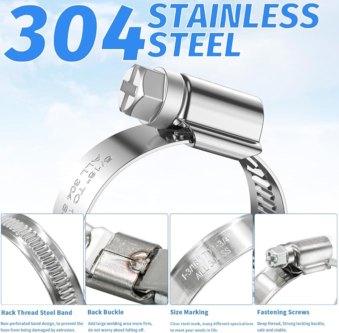 24PCS Adjustable Hose Clamps, 304 Stainless Steel Worm Gear Clamp, 1/2"-3/4"(13-19mm), Rolled Edge No Perforations, Reusable Pipe Clamp for Homes, Automotive, General Piping, Industrial