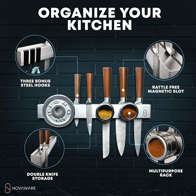 16" Magnetic Knife Holder for Wall with 2x Storage - Safe, Patented Design - Stainless Steel Knife Magnetic Strip, Under Cabinet Knives Storage - Magnet Strip Rack Kitchen Utensil Organizer