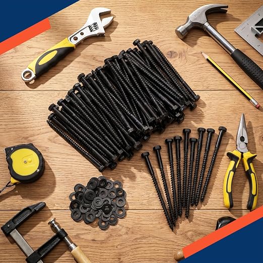 Tandefio 100 Pack 5/16''x5'' Hex Head Lag Bolts for Wood Ceramic Black Lag Screw Kit with Washers Heavy Duty Hot Dip Galvanized Coating Double Layer for Decks Fences