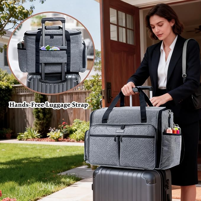 AMOIGEE Full-Open Sewing Machine Case with Wheels, Large Rolling Sewing Machine Bag with Detachable Foldable Dolly, Heavy-Duty Embroidery Tote for Brother Singer Janome Standard Machines Storage