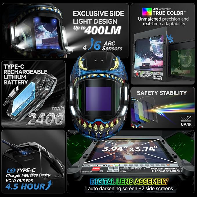 ANDELI Welding Helmet with 4 LED Light, 180° Panoramic 6 Arc Sensor True Color Auto Darkening Welding Hood with Internal Display, 2400mAh Rechargeable Battery for TIG/MIG/Cut/Grind MONERDB-LED-PRO