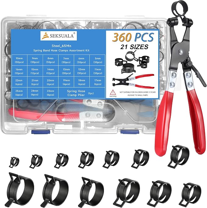 360Pcs 1/5" to 1" (5-25mm) Spring Band Hose Clamps Assortment Kit with Swivel Flat Hose Clamp Plier, SEKSUALA Constant Tension Steel Clamps for Fuel Lines, Silicone,Vacuum Hoses (Black)