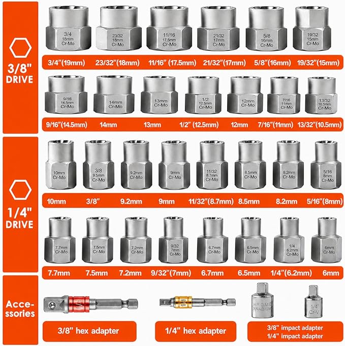 33 PCS Bolt Extractor Set, 3/8" & 1/4" Drive Impact Bolt & Lug Nut Remover Socket Tool Kit, Stripped Bolt Extractor Set, Screw Extractor For Broken,Damaged, Frozen, Studs, Rusted, Bolts, Nuts & Screws