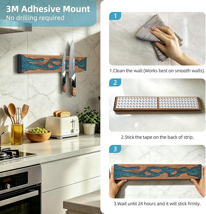 FINDKING Magnetic Knife Strip for Wall, Solid Acacia Wood with Mineral Blue Resin Inlay, Wall-Mounted Knife Holder with Strong Magnetic Hold, No-Drill Adhesive Mount (18 Inch)