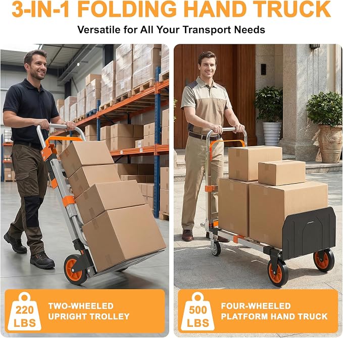 3 in 1 Aluminum Hand Truck Foldable, 500 lbs Convertible Dolly, Collapsible Dolly Cart with 4 Rubber Wheels,Portable Trolley with Retractable Handle for Moving/Office/Home/Warehouse(Orange Silver)