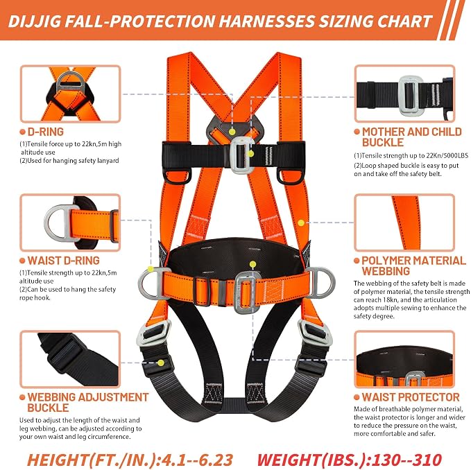 DIJJIG Safety Harness Fall Protection Kit Full Body Roofing Harnesses With Internal Shock Absorbing Lanyard, Orange Safety Harness For Construction OSHA/ANSI Compliant