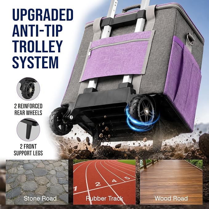 Upgraded Rolling Bag with Detachable Dolly, Heavy Duty Wheeled Teacher Bag, Multifunctional Rolling Briefcase for Work, Office, Craft Storage & Travel (Purple)