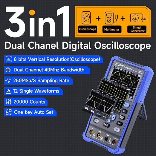 Handheld Automotive Oscilloscope Multimeter, 2 Channels, 40MHz Bandwidth, 250MSa/s Sampling Rate, 20000 Counts, 3 in 1 Portable Digital Automotive Oscilloscope, Voltage, Current, Capacitor HDS242S