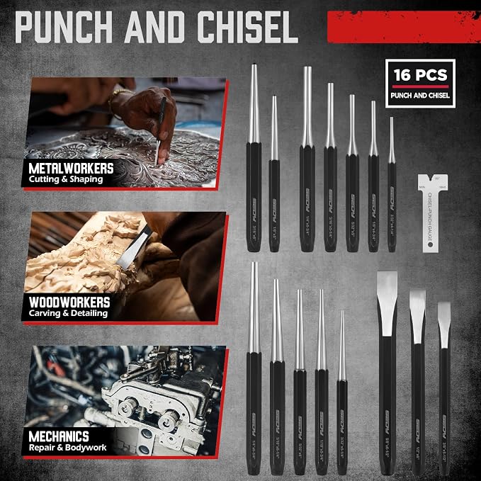 16-Piece Punch and Chisel Set, Includes Pin, Taper and Center Punch Tools, Cold Chisels and Chisel Gauge for Metalworking, Automotive Repair, Woodworking and Maintenance