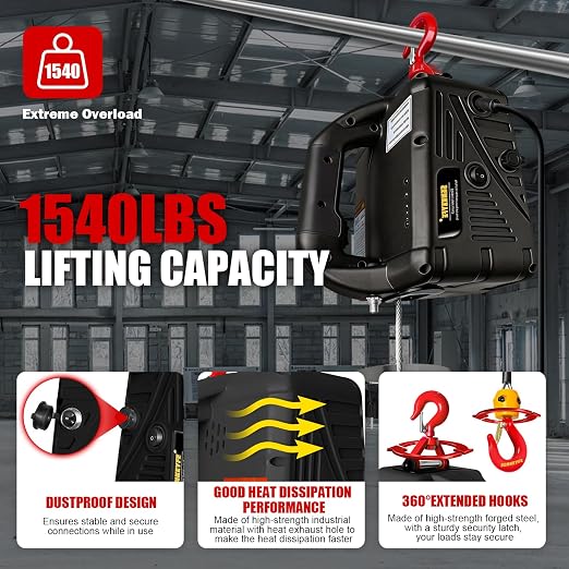 Power Electric Portable Hoist Winch 1540LBS, 3 in 1 Electric Cable Hoist 110V 25 FT with Lifting Strap, Electric Hoist Lift Ceiling Winch for Lifting Towing