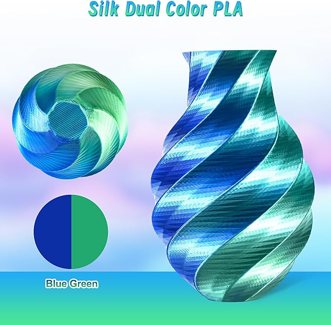 ERYONE Silk Dual Color PLA Filament 3D Printer 1.75mm +/- 0.03mm, Bicolor Filament Two Tone PLA Bundle 2KG Cardboard Spool, Blue Green