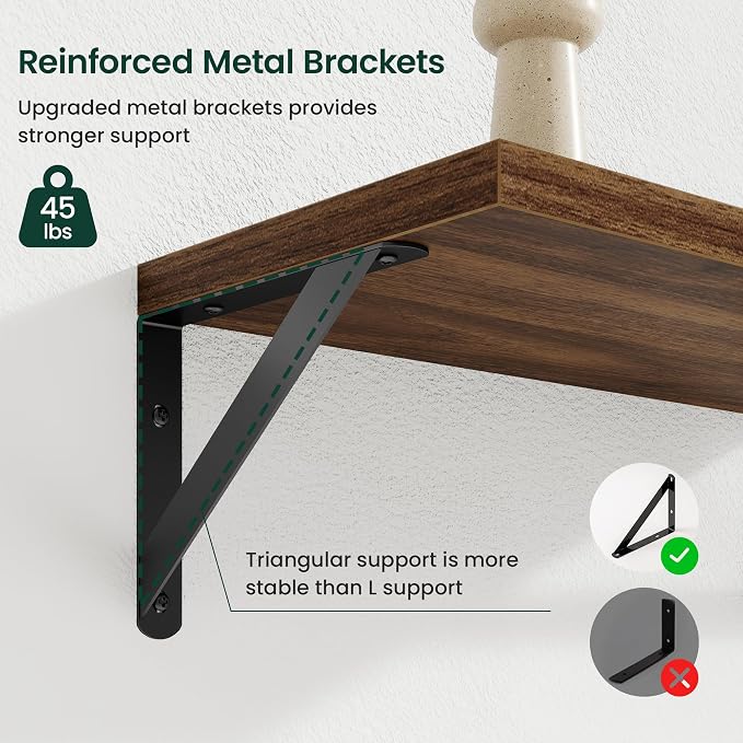 Floating Shelves 8 Inch Deep, 24W x 8D Wall Shelf Set of 2, 50 lbs Heavy Duty Reversible Metal Brackets, Industrial Book Shelf for Living Room Kitchen Bathroom Bedroom Gallery Wall, Walnut