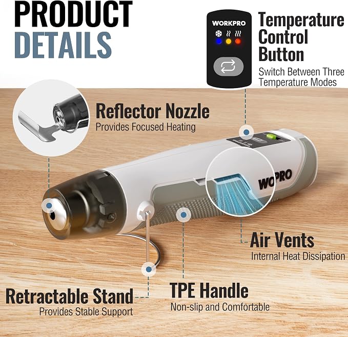 WORKPRO 7.2V Cordless Mini Heat Gun for DIY Crafts, 4000mAh Hot Air Gun, 1.5s Fast Heating, 3 Temp Settings (Cool/572°F/842°F), USB-C Rechargeable