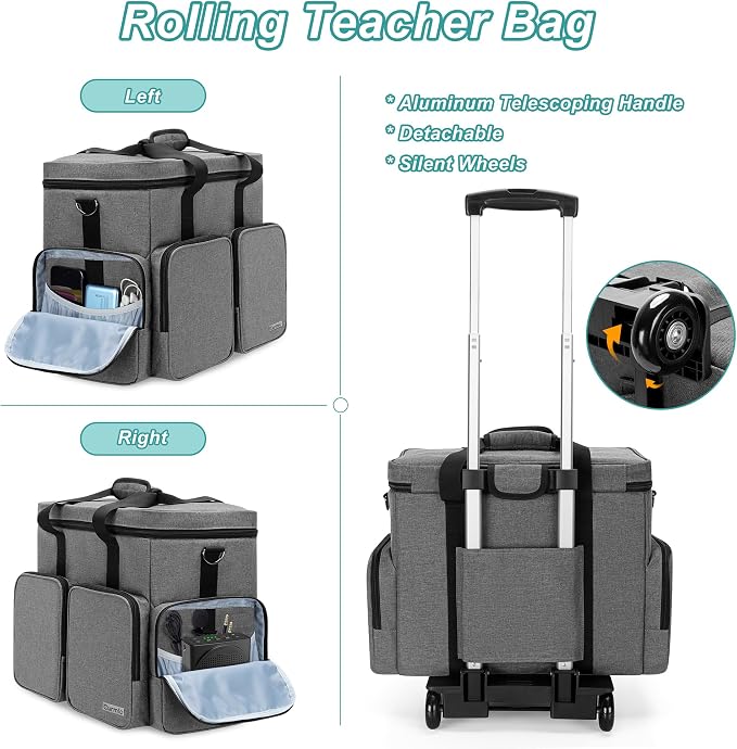 CURMIO Rolling Teacher Tote Bag with Padded Laptop Compartment for up to 15.6 Inches Laptop, Wheeled Teacher Bag for Teaching, Office, Craft, Gray