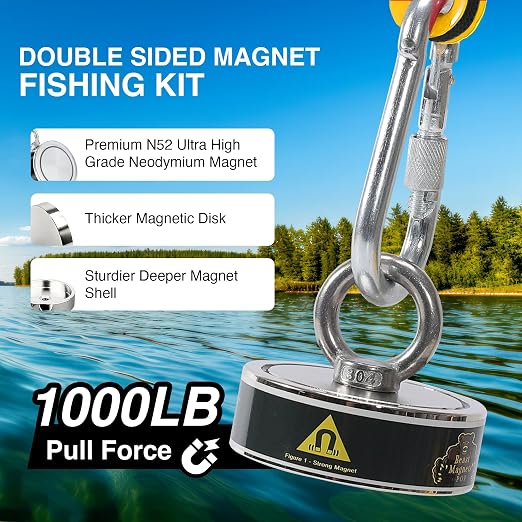 1000LB Complete Magnet Fishing Kit | Double Sided Fishing Magnet Kit with Case | Includes Strong Neodymium N52 Magnets, Durable 65ft Rope, Carabiner, Gloves, Grappling Hook & Carry Case