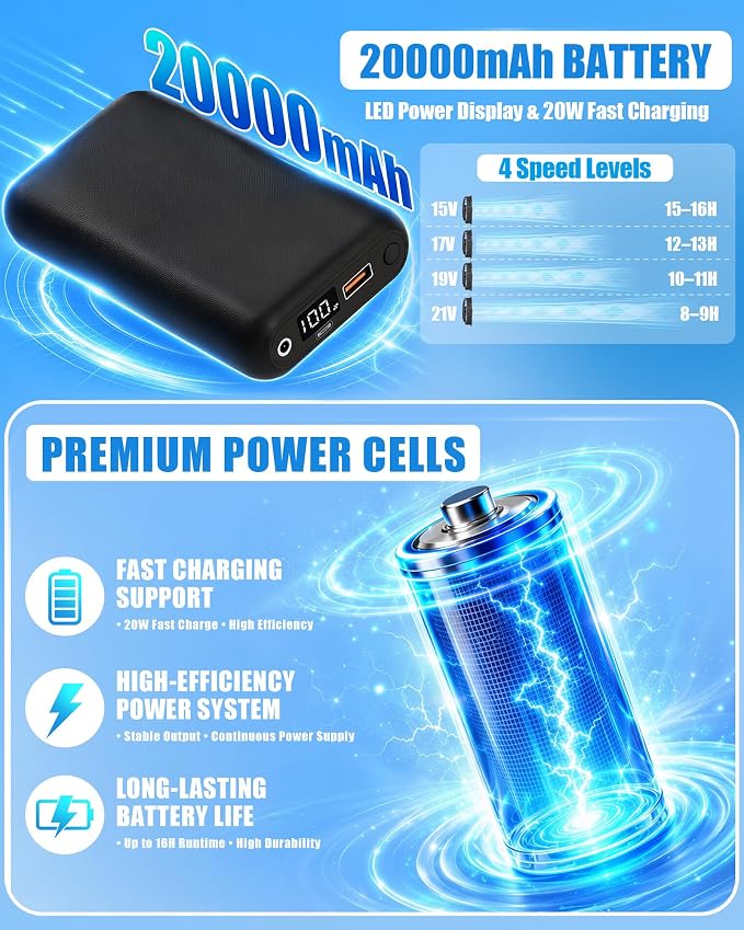 21V Safety Cooling Fan Vest for Men and Women, With Max 12000 RPM 2 Fan & Up to 16 Hours Runtime 20000mAh Battery
