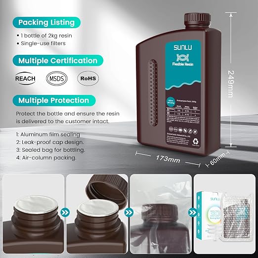 SUNLU Flexible 3D Printer Resin 2KG, 70A 3D Printing Resin for Printing Soft and Flexible Items, Bendable and Not Brittle, Fast Curing 405nm UV Photopolymer Resin. (2000G Gray)