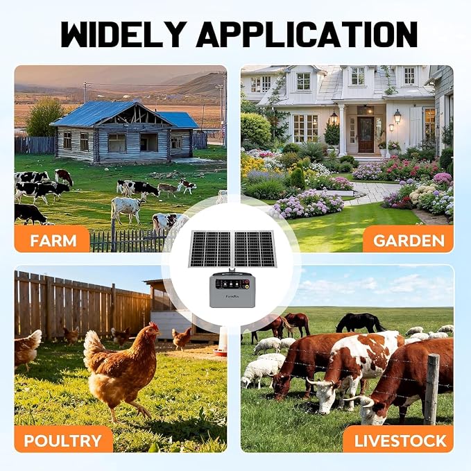 30 Miles Solar Fence Charger,6-12KV Adjustable Output,1.5J Solar Electric Fence Charger,15W Solar Powered Electric Fence Kit, Solar Charger for Livestock,Farm,Garden,24H Protection
