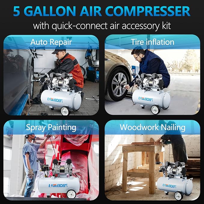 Quiet Oil-Free Air Compressor, 68 dB, 2.8 CFM @ 90 PSI, 5 Gallon Air Tank | Electric Steel Tank Compressor for Woodworking, Nailing, Garage, Car Inflation and Pneumatic Tools, Includes Air Hose Kit