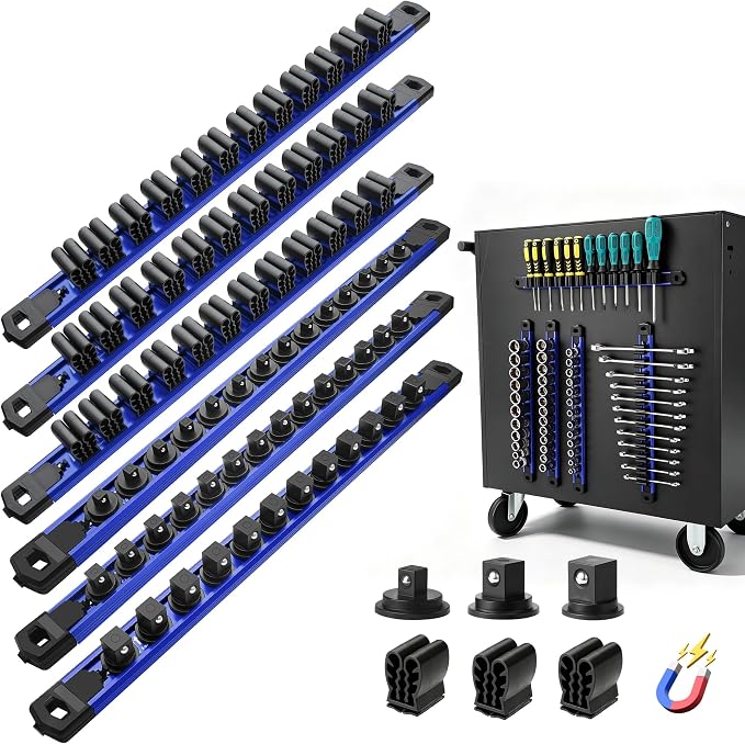 Reniteco 6-Piece Magnetic Socket Organizer and Magnetic Screwdriver Organizer Set, 1/4" 3/8" 1/2" Drive Aluminum Rail & 3-Piece Wrench Screwdriver Holder, Interchangeable Clips, Sockets Not Included