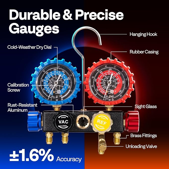 VIVOHOME HVAC Manifold Gauge Set for R134a R410a R22 R32 R454B Refrigerant, 4 Valve Automotive AC Gauges with SPECSTAR 110V 1/4 HP 3.5 CFM Single Stage Rotary Vane HVAC Air Vacuum Pump