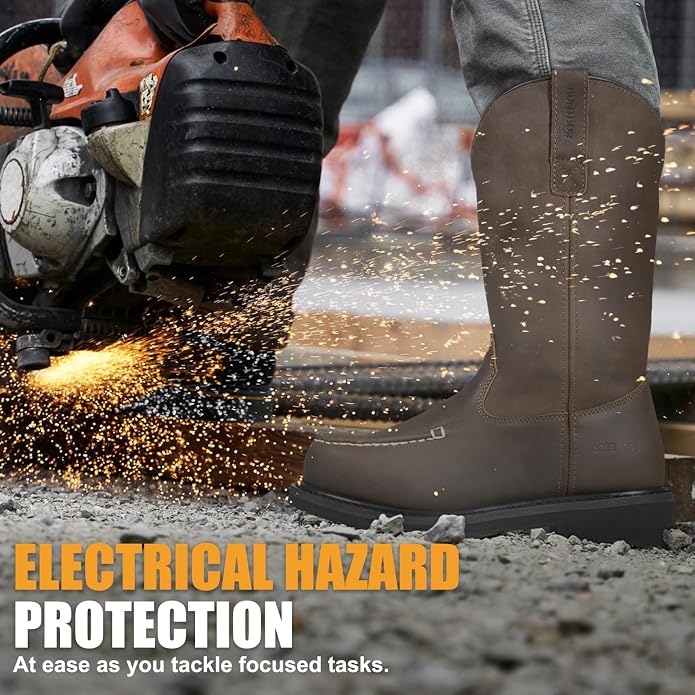 Steel Toe Work Boots - Puncture Proof with Steel Shank, GoodyearWelt, Full-Grain Leather, Oil & Slip Resistant, Pull-On Moc Design - Ideal for Construction and Farming (Dark Brown, Sizes 7-14)