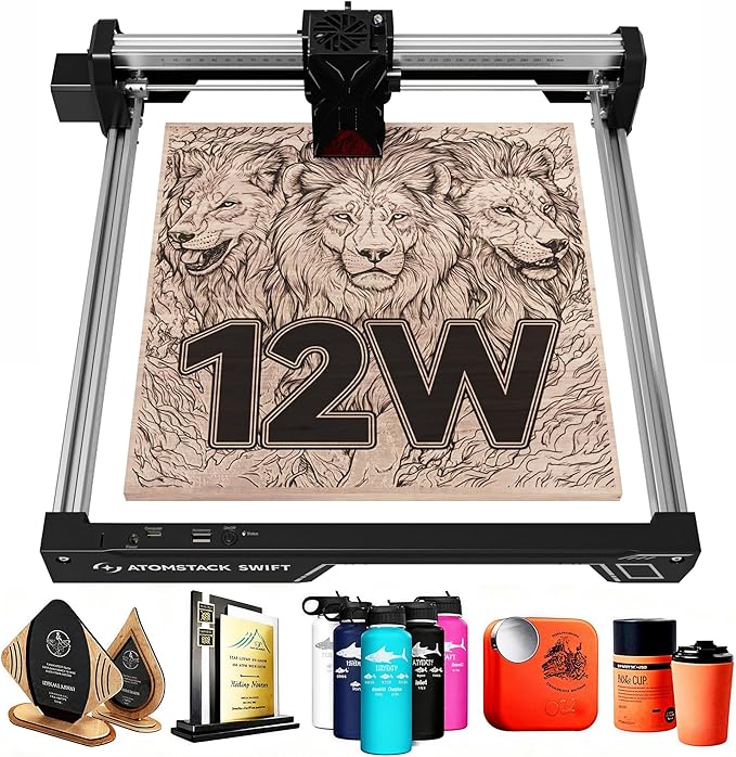 ATOMSTACK Swift 12W Laser Engraver, Swift 12W Laser Cutter, 0.06mm High Accuracy Laser Engraving Machine for Wood and Metal, Dark Acrylic, Glass, Leather