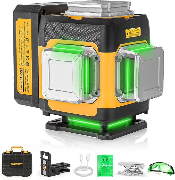Laser Level 360 Self Leveling, 3 x 360 Self-Leveling Cross Line Laser 3D Green Laser Level for Construction and Picture Hanging, Rechargeable Li-ion battery, Hard Carry Case Included SZ03DG