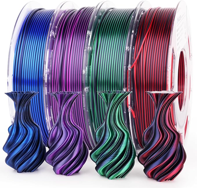 AMOLEN Silk PLA 3D Printer Filament Bundle, Shiny Dual Color PLA Filament 1.75mm Pack, Color Change PLA 3D Printing Filament for Most FDM 3D Printer, Black Series 200g X 4 Spools