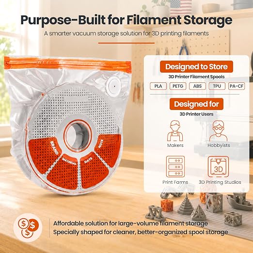 20 PCS U-Shaped 3D Filament Storage Bags Kit, 3D Printer Accessories for PLA, PETG, ABS, TPU, with Auto Pump, 20 Desiccants, 2 Sealing Clips, Extra-Thick Moisture & Dust Resistant
