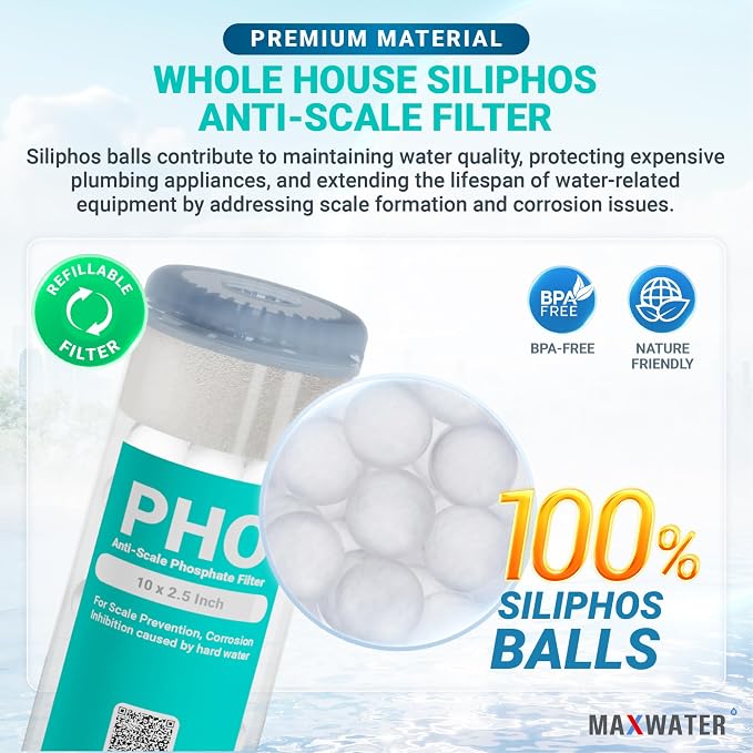 Max Water 10" x 2.5" Anti-Scale Water Filter Cartridge, Siliphos Polyphosphate (PHO) Replacement Filter, Fits Standard 10" Whole House Water Filtration System, Reduces Scale, Corrosion & Iron Staining