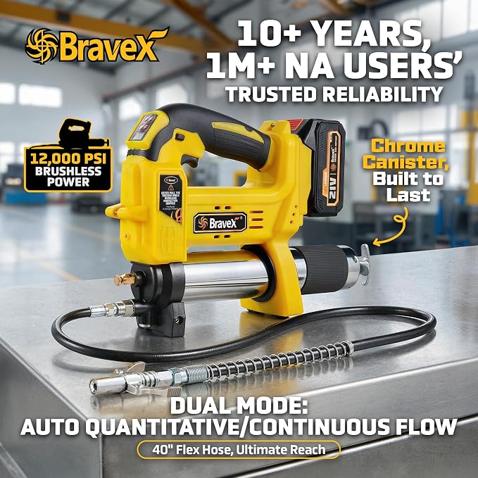 Bravex Electric Grease Gun, Battery Powered 12,000 PSI Cordless Grease Gun, 40” High Pressure Long Hose W/Quick Release Coupler Rechargeable Battery Pack