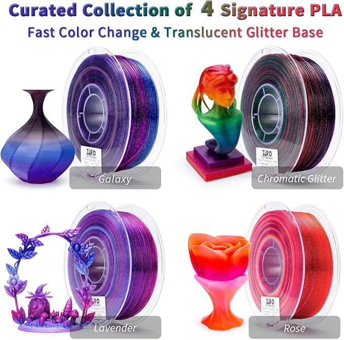 ZIRO 4 Packs 3D Printer Filament, Fast Color Change with Twinkle Effect PLA 1.75MM, Gradient Translucent PLA Bundle, Sparkling Multicolor 3D Material, 1KG x 4 Spool