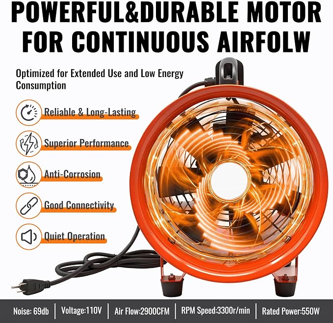 dreamdragon Upgraded 12-Inch Utility Blower Fan，Portable Industrial Exhaust Fan with 33ft Flexible Duct Hose，3300 RPM Low-Noise Ventilator for Workshops Warehouses and Basements