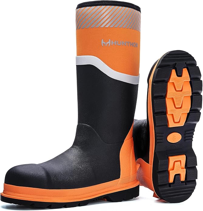 Steel Toe Rubber Boots for Men, Safety Reflective Strips, Punctrue-Proof with Steel Shank, Waterproof, Insulated 6mm Neoprene Work Boots for Farming, Manufacturing, Construction (Black/Orange, Size 6-14)
