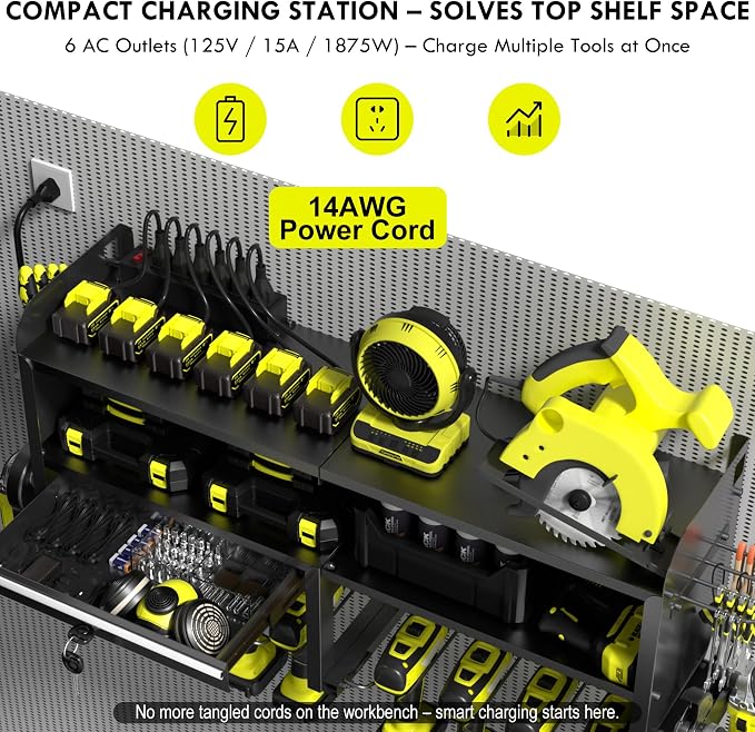 KSVO Power Tool Organizer Wall Mount with Drill Holder, Grinder Bracket, Hammer and Pliers, Locking Drawer, 6-Outlet Charging Rack - Heavy Duty Metal Tool Storage Garage, Workshop (Yellow)