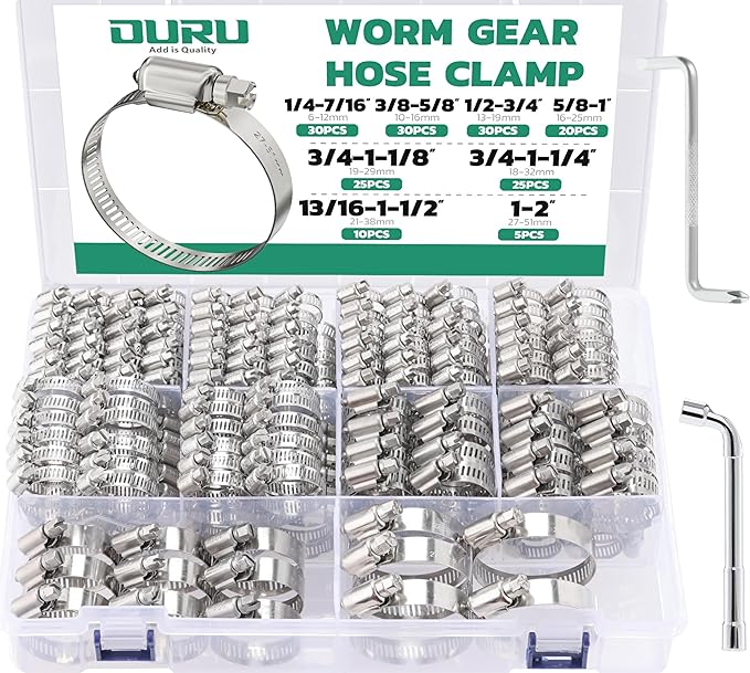 OURU 175PCS Hose Clamps Stainless Steel Assortment Adjustable 1/4"-2"(6-51mm) Worm Gear Hose Clamp, Heavy Duty Metal Small Hose Clamps for Automotive, Pipe, Radiator Plumbing, Fuel Line